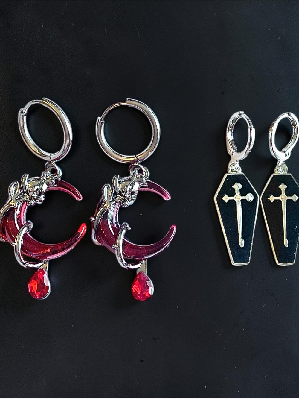 Red Crescent Moon Blood & Black Coffin Earrings Set Steel Huggies